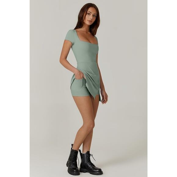 Tennis Dress for Women Square Neck, Skort w/ Pocket, Small, Smoke Green - Picture 7 of 8